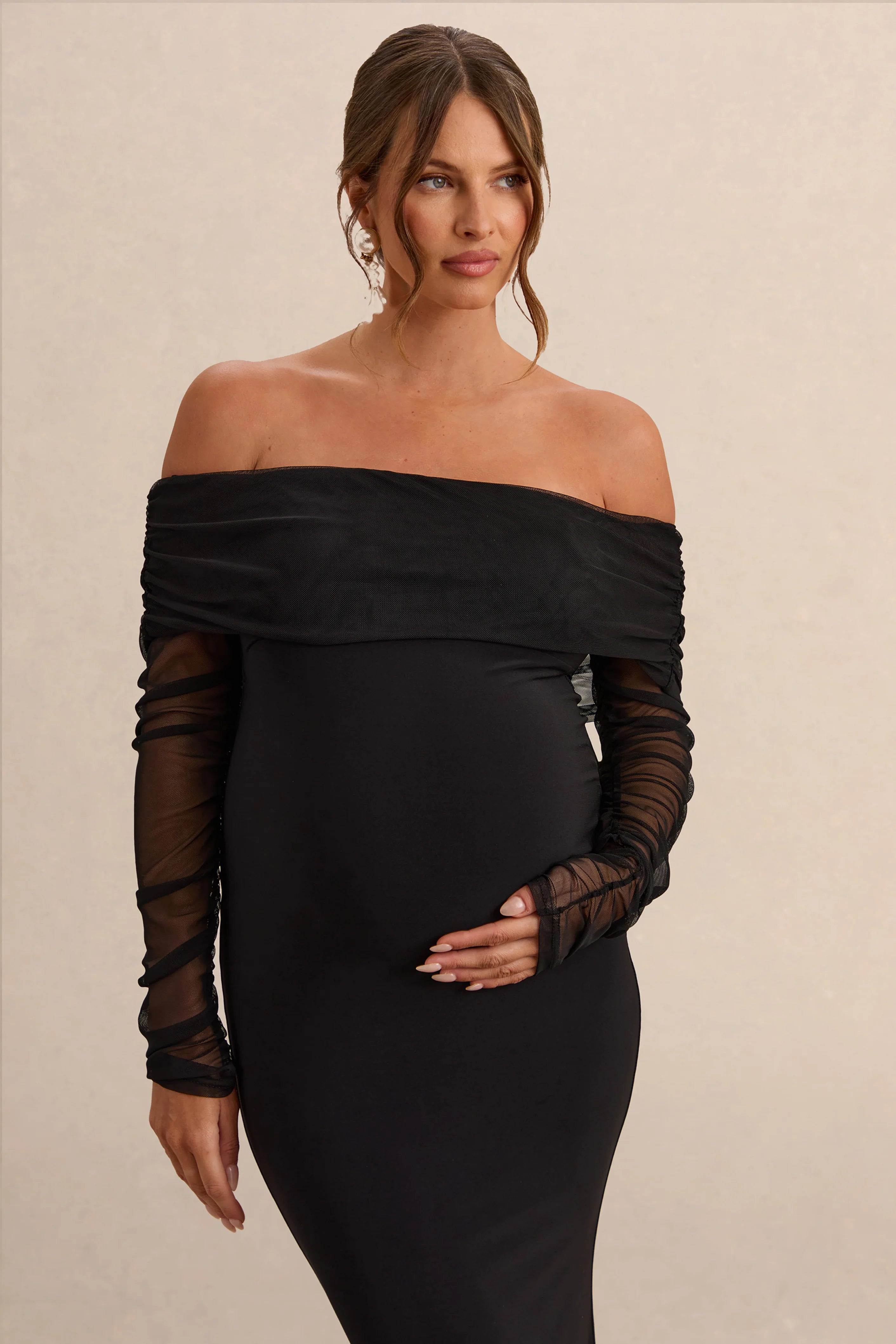 Pretty Perfect | Black Maternity Bardot-Neck Maxi Dress