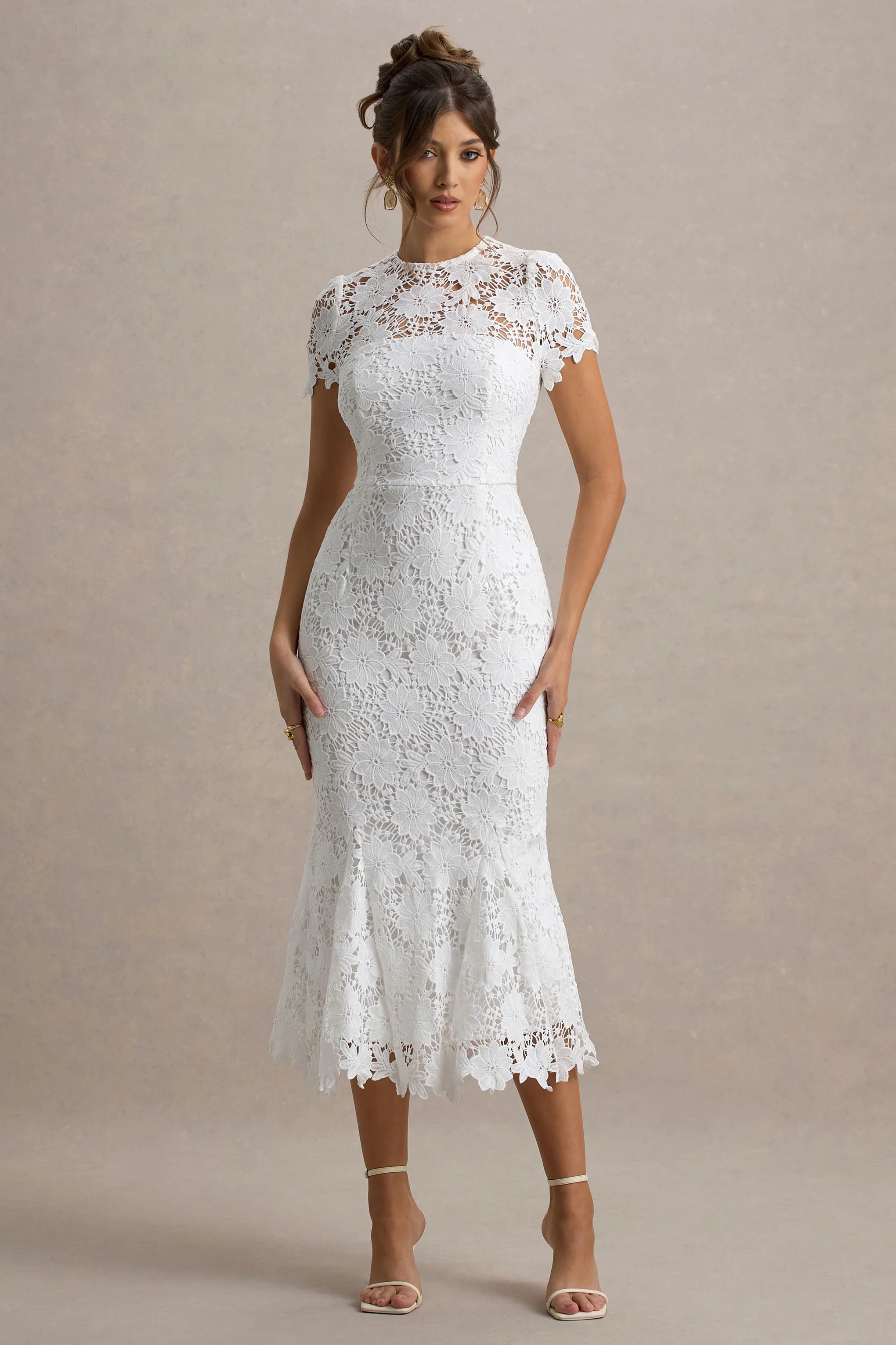Clarissa | White Lace Short-Sleeve Midi Dress