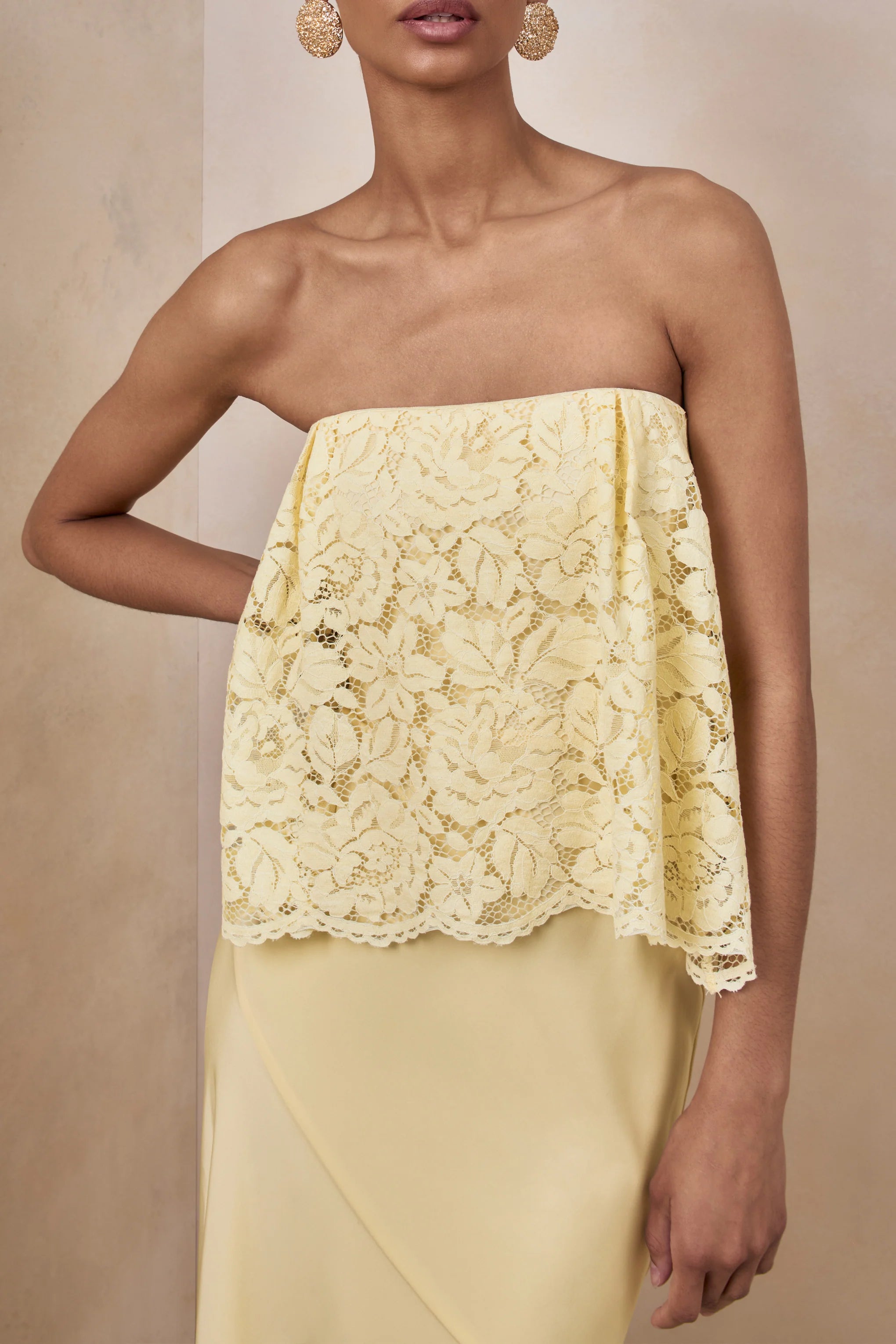 Clemency | Lemon Lace And Matte Satin Bandeau Maxi Dress