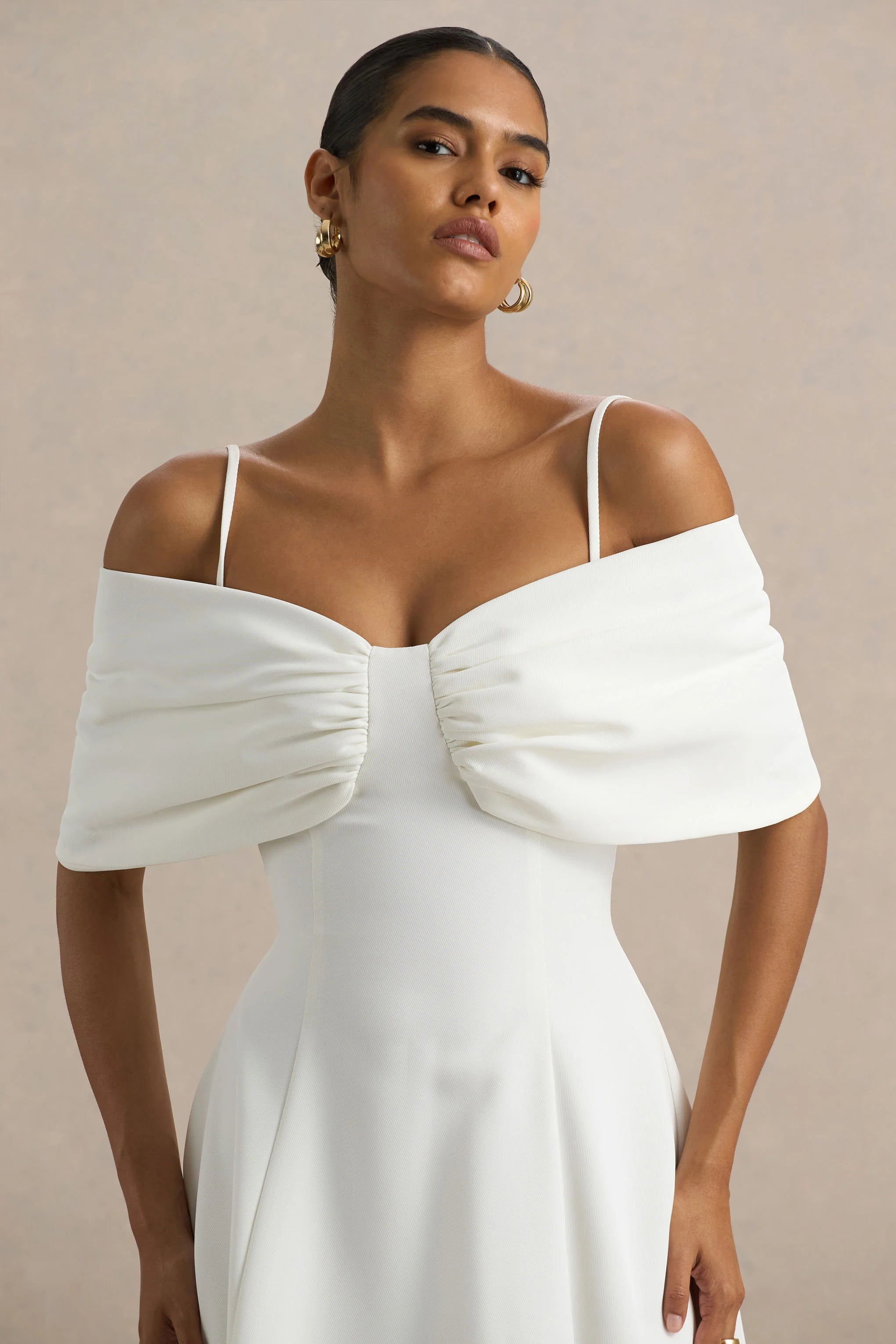 Hettie | White Short-Sleeve Bardot Midi Dress With Bow Detail