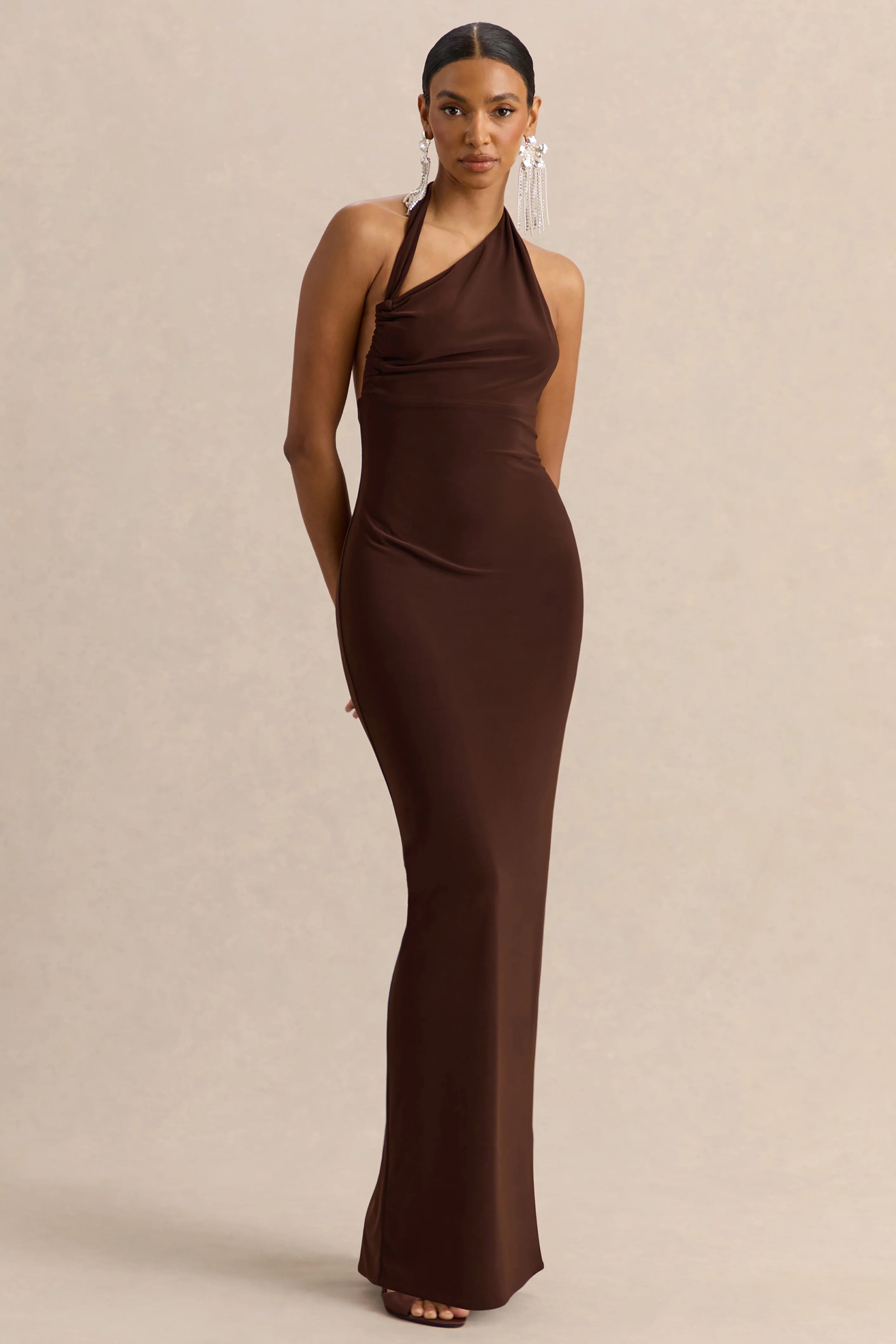 Delisse | Brown Asymmetric-Neck Maxi Dress