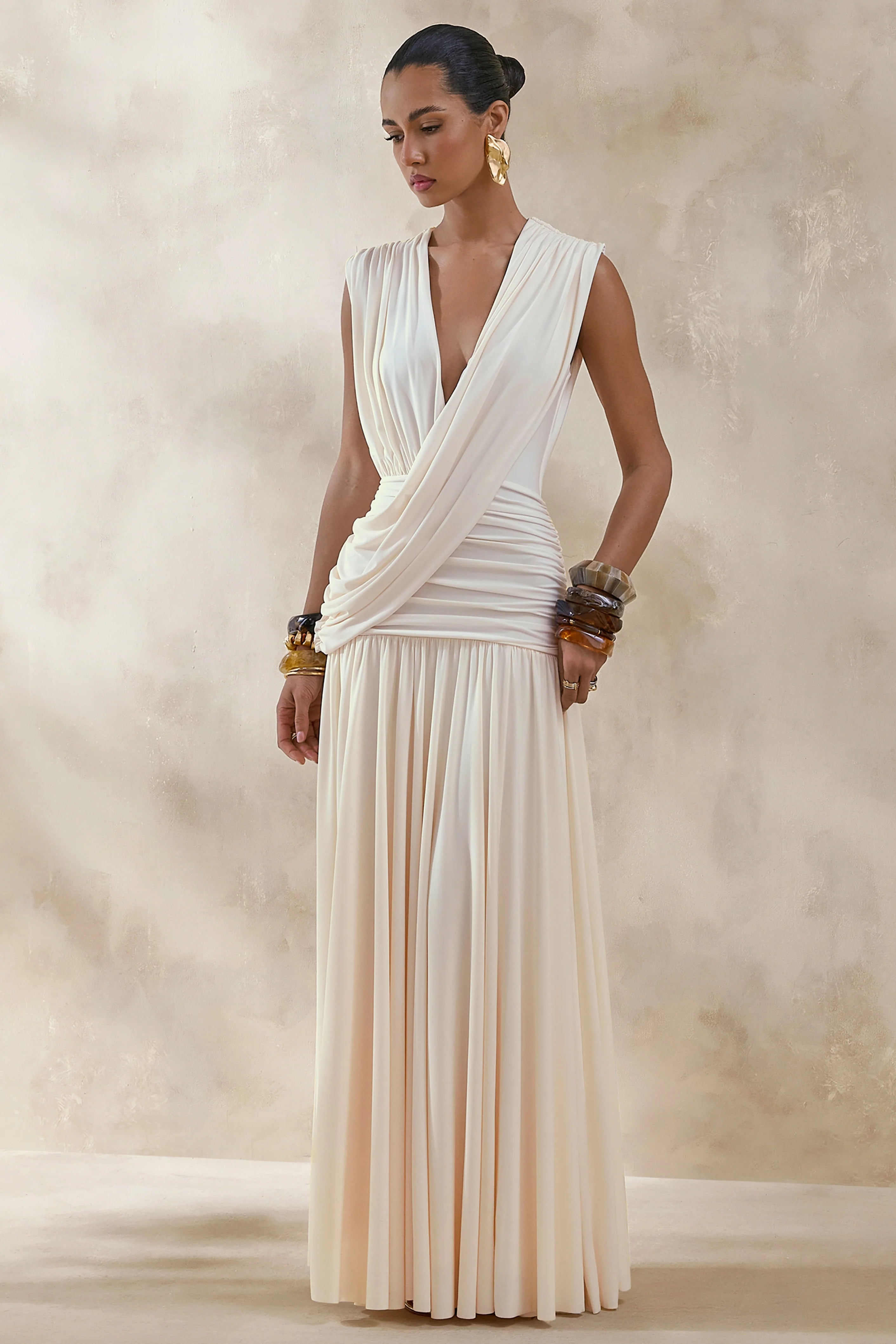 Glorina | Cream Plunge-Neck Maxi Dress With Draped-Detailing