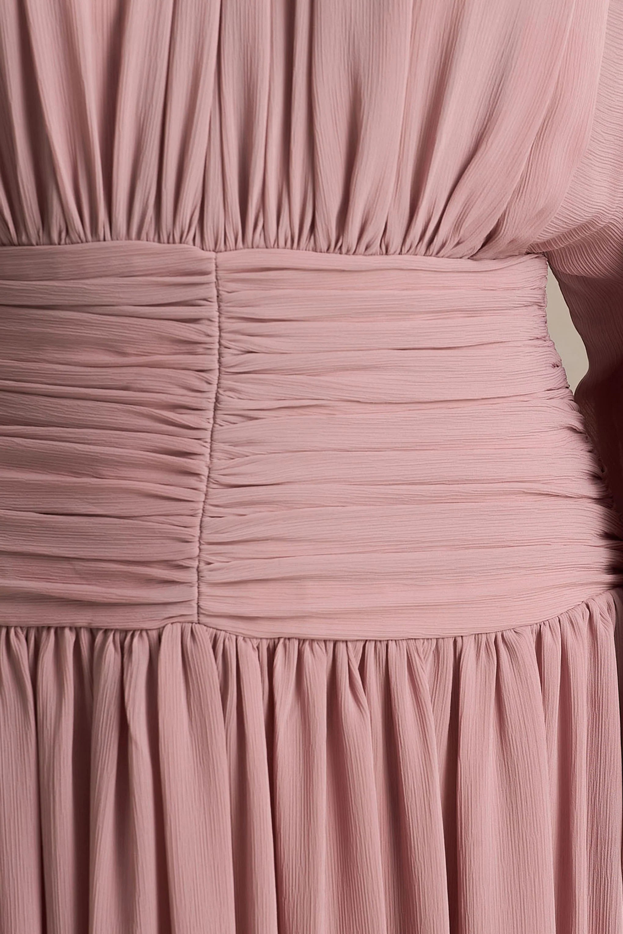 Annabel | Dusty Pink High-Neck Midi Dress With Drop-Waist And Pleated Detailing