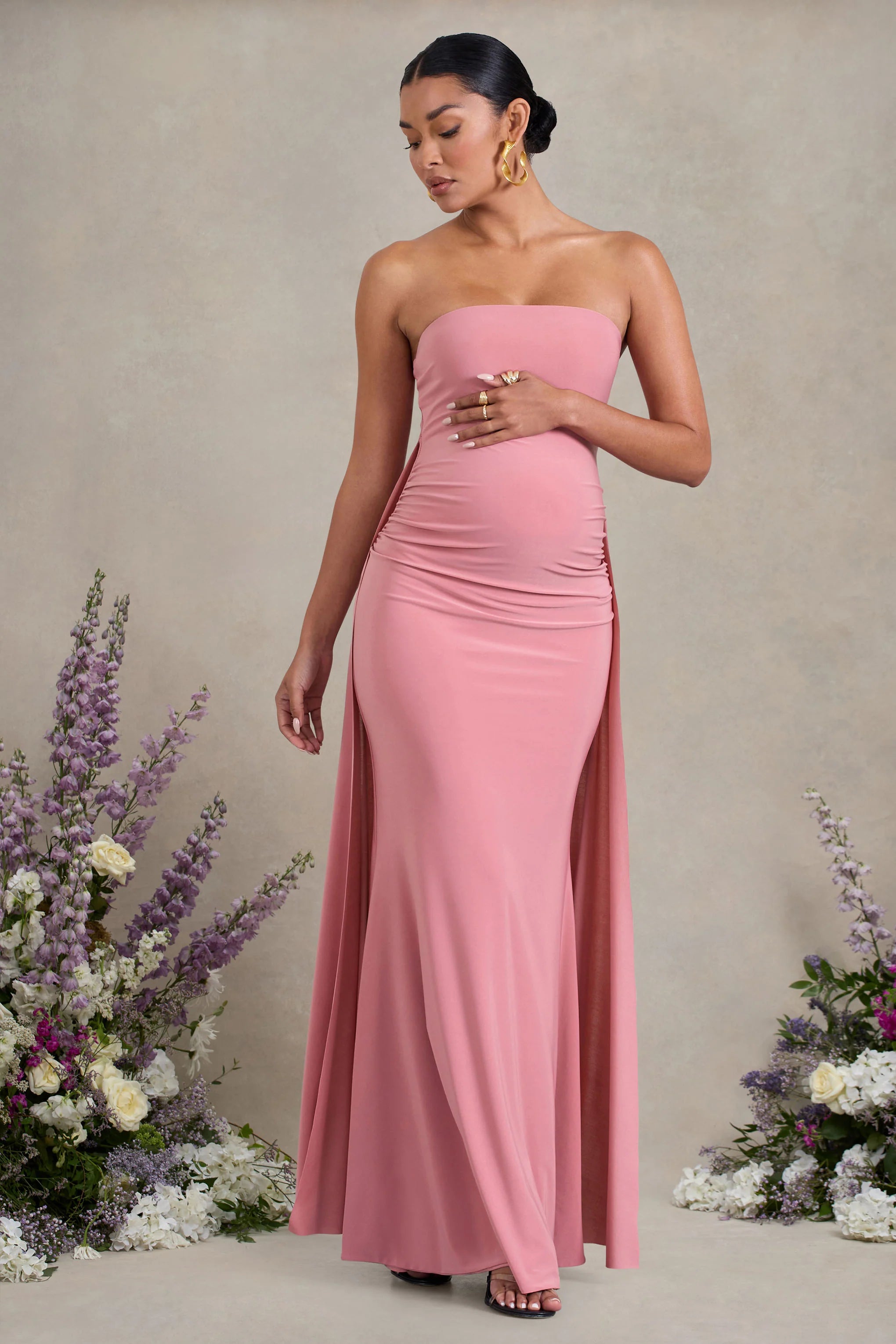 Christina | Blush Pink Bandeau Sleeveless Maternity Maxi Dress With Cape