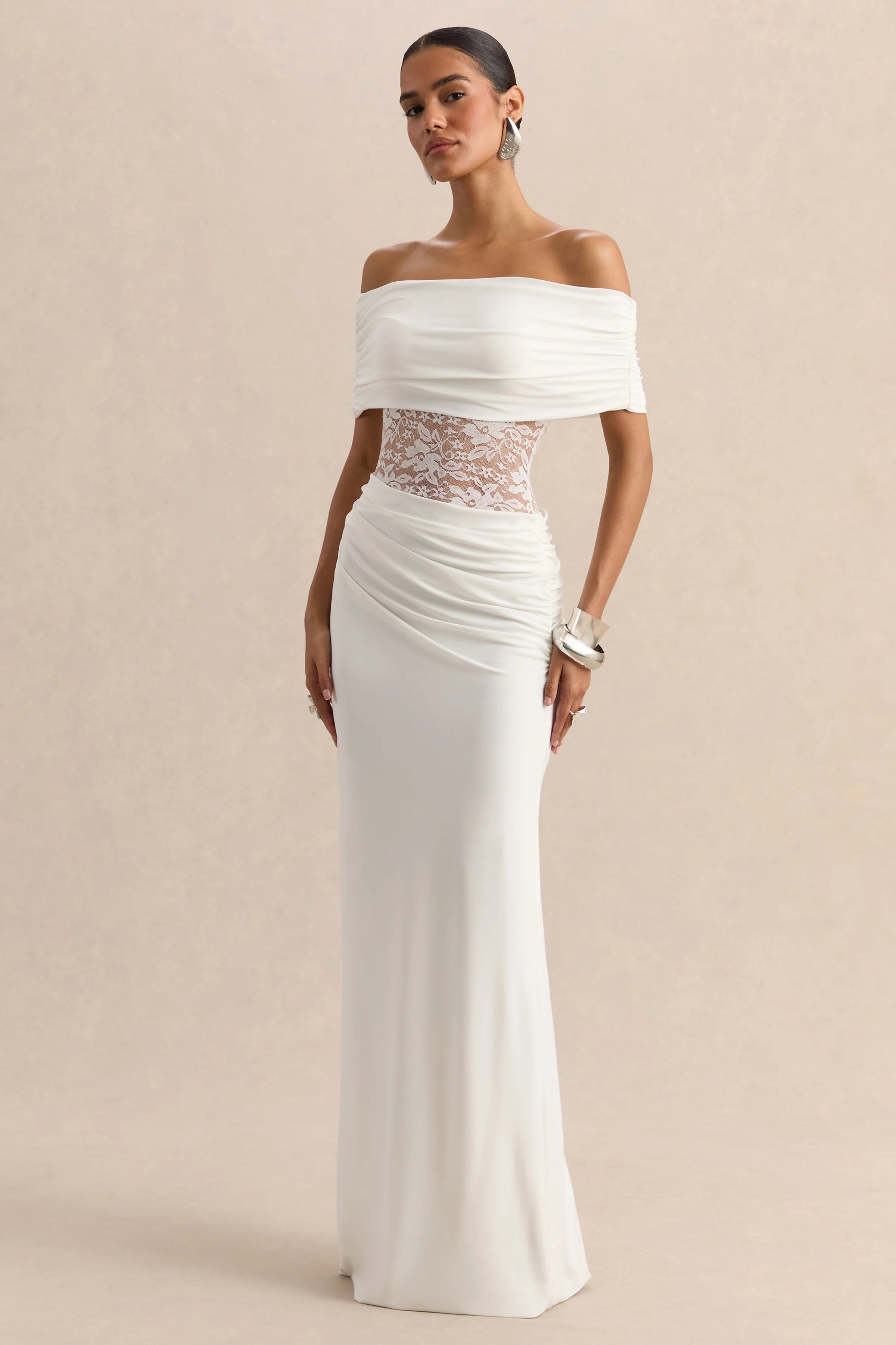 Forsya | White Bardot-Neck Maxi Dress With Lace-Detailing