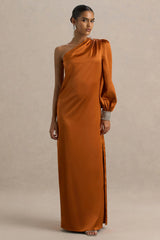 Thelma | Orange Satin Asymmetric Maxi Dress With One-Sleeve