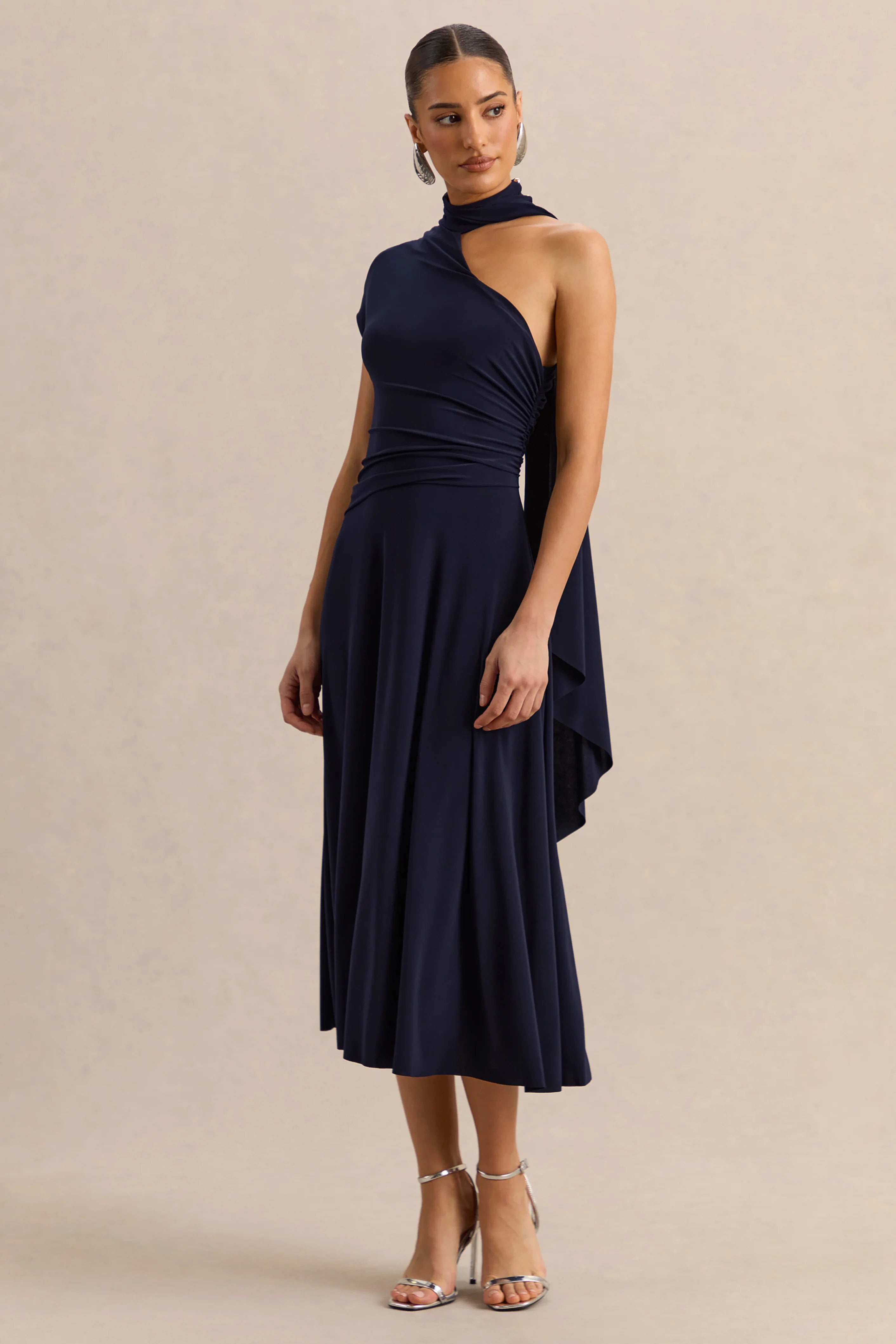 Lythara | Navy Asymmetric-Neck Midi Dress With Scarf-Detail