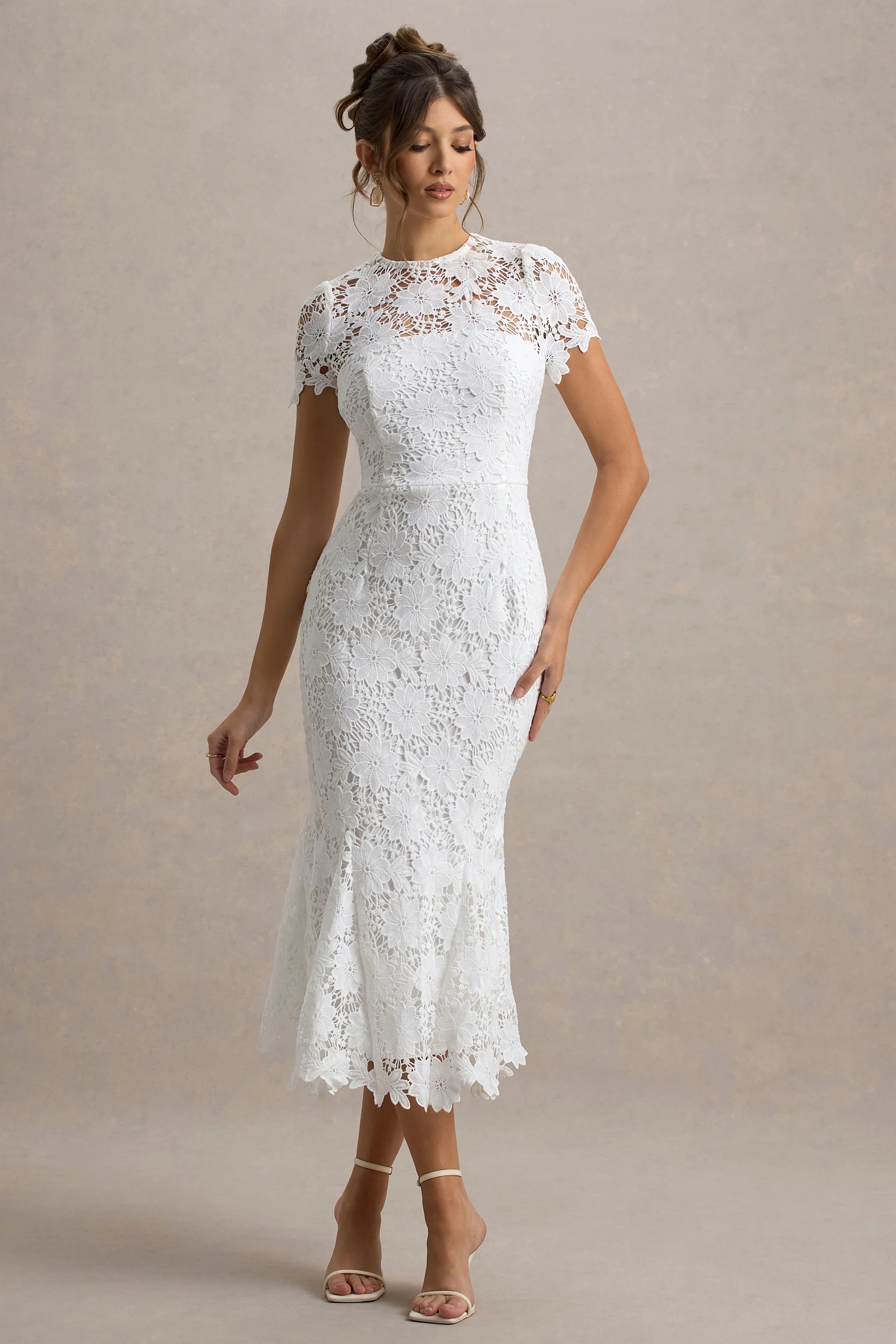 Clarissa | White Lace Short-Sleeve Midi Dress