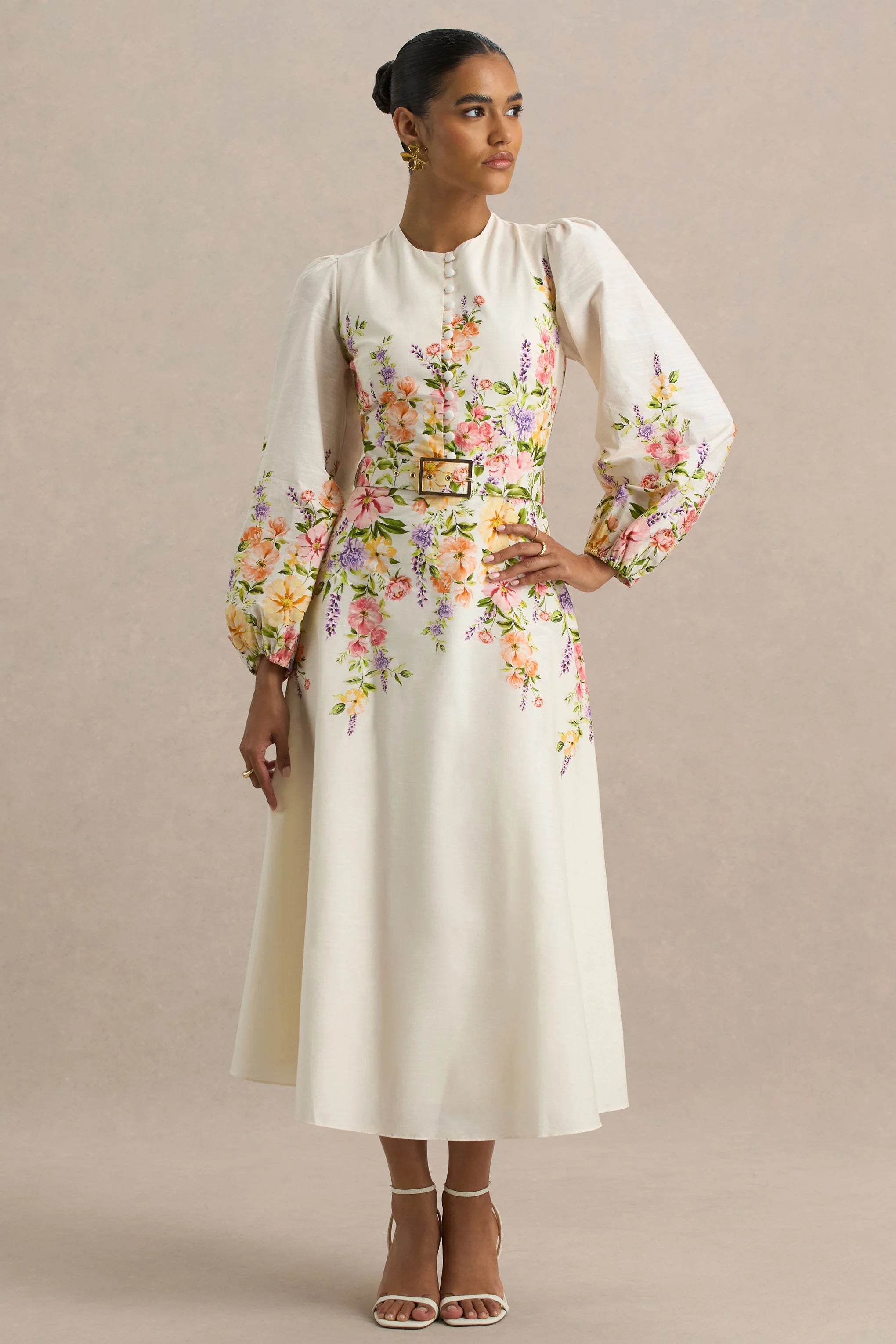 Dahlia | White Floral Border Print High-Neck Midi Dress