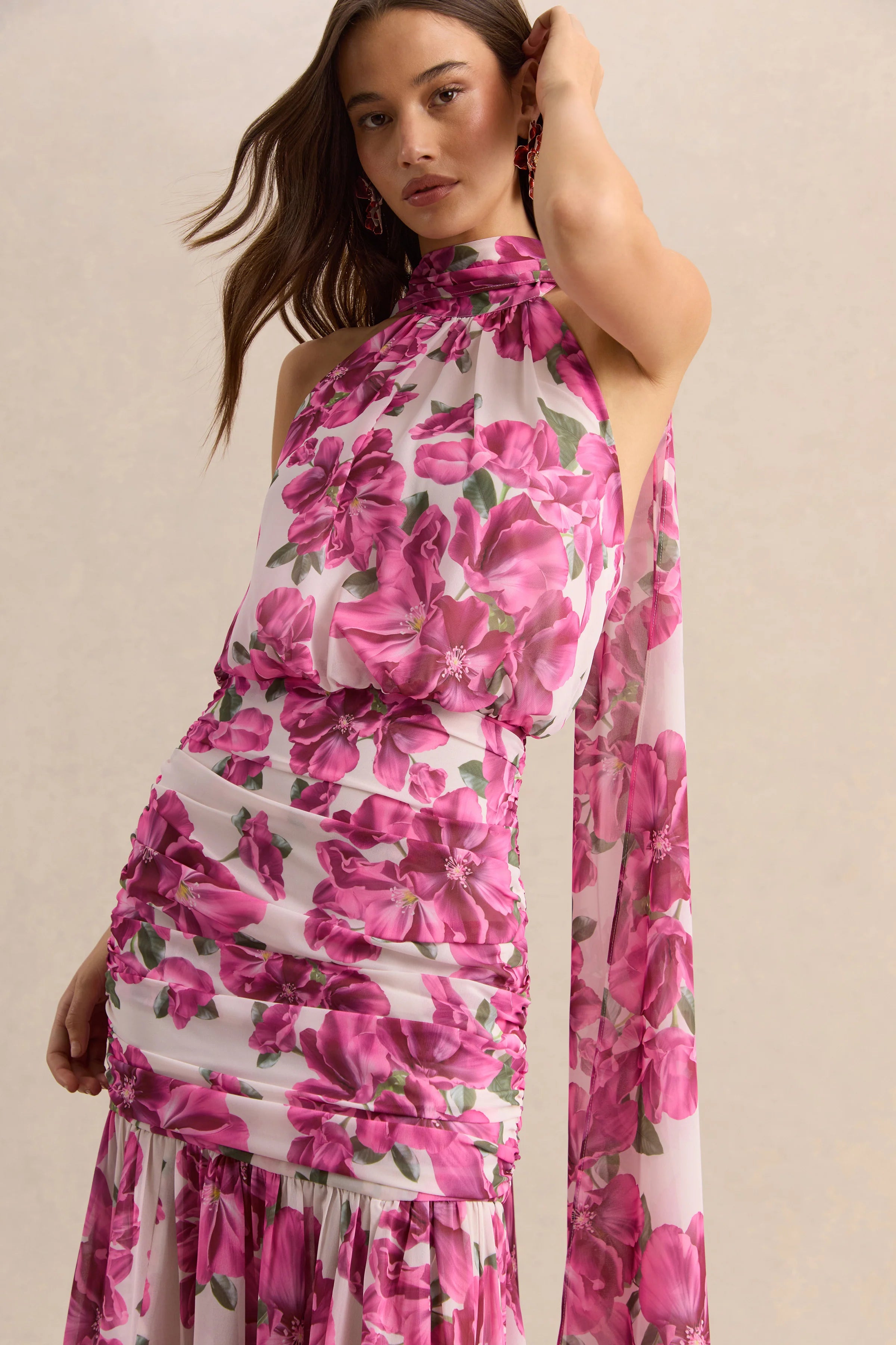 Veronique | Pink Hibiscus Floral Halter-Neck Maxi Dress