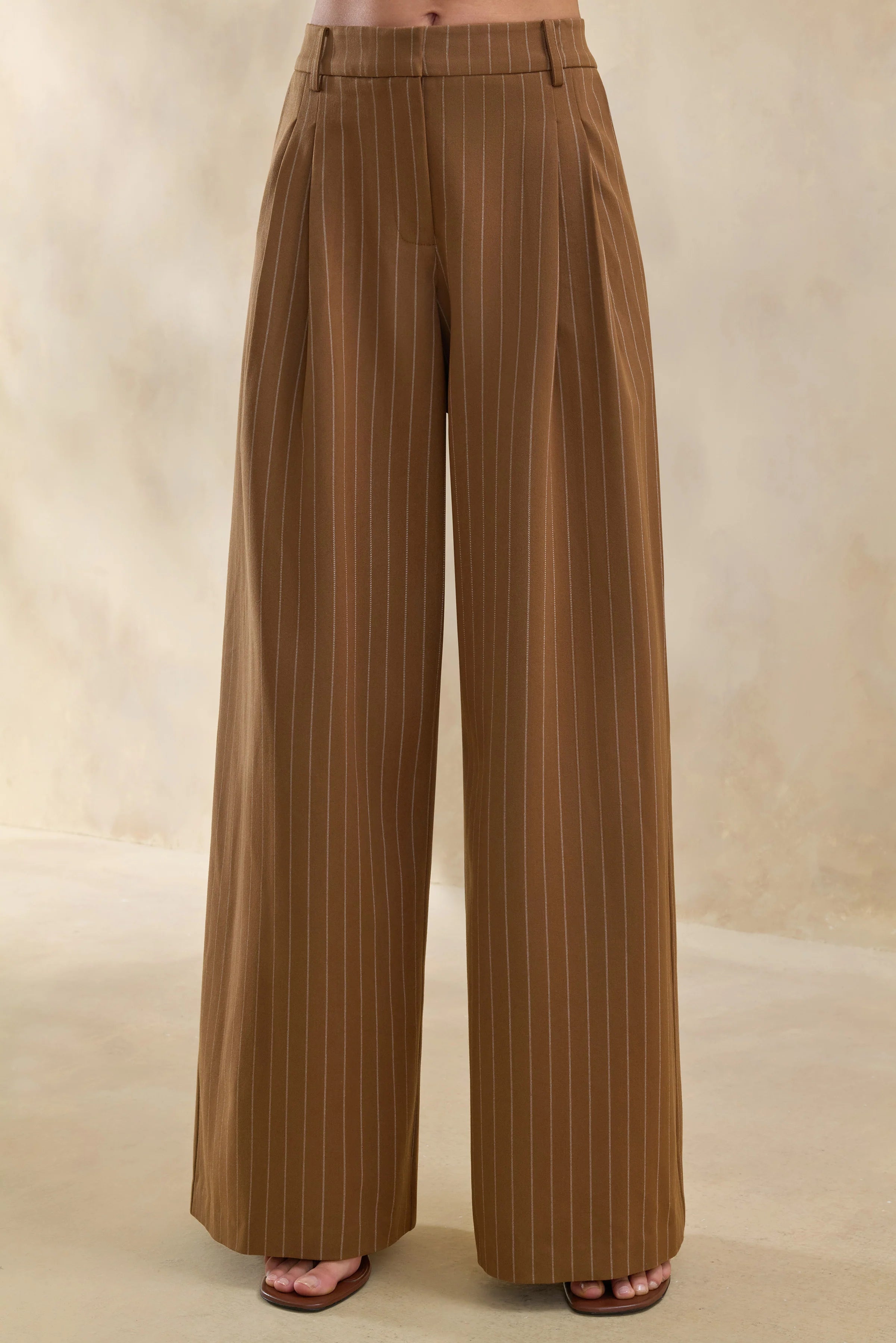 Meliva | Brown Pinstripe Wide-Leg Tailored Trouser