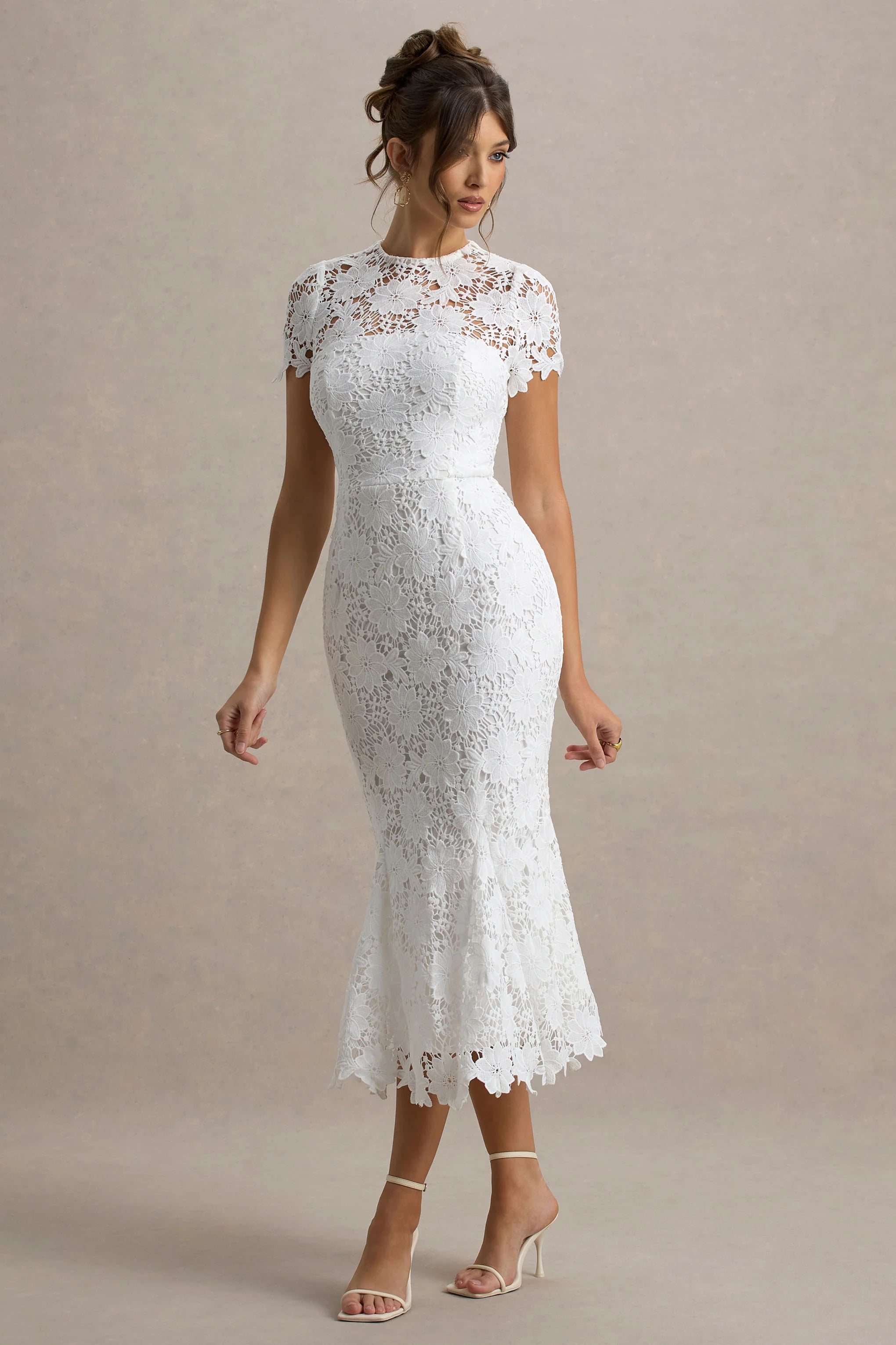 Clarissa | White Lace Short-Sleeve Midi Dress