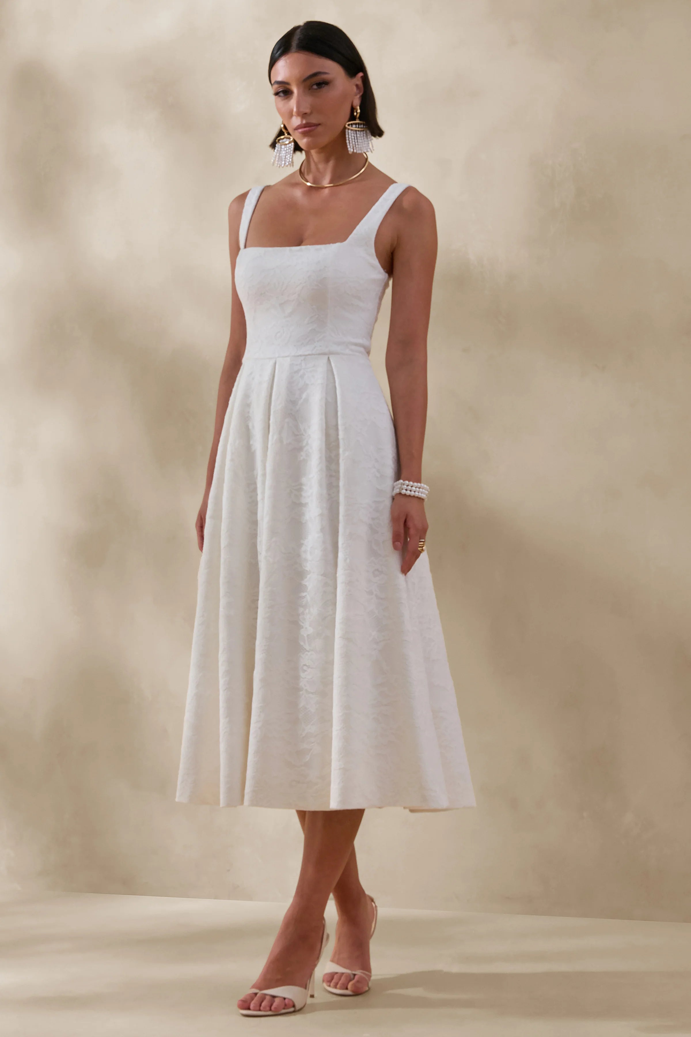 Ashmara | White Lace Square-Neck Midi Dress