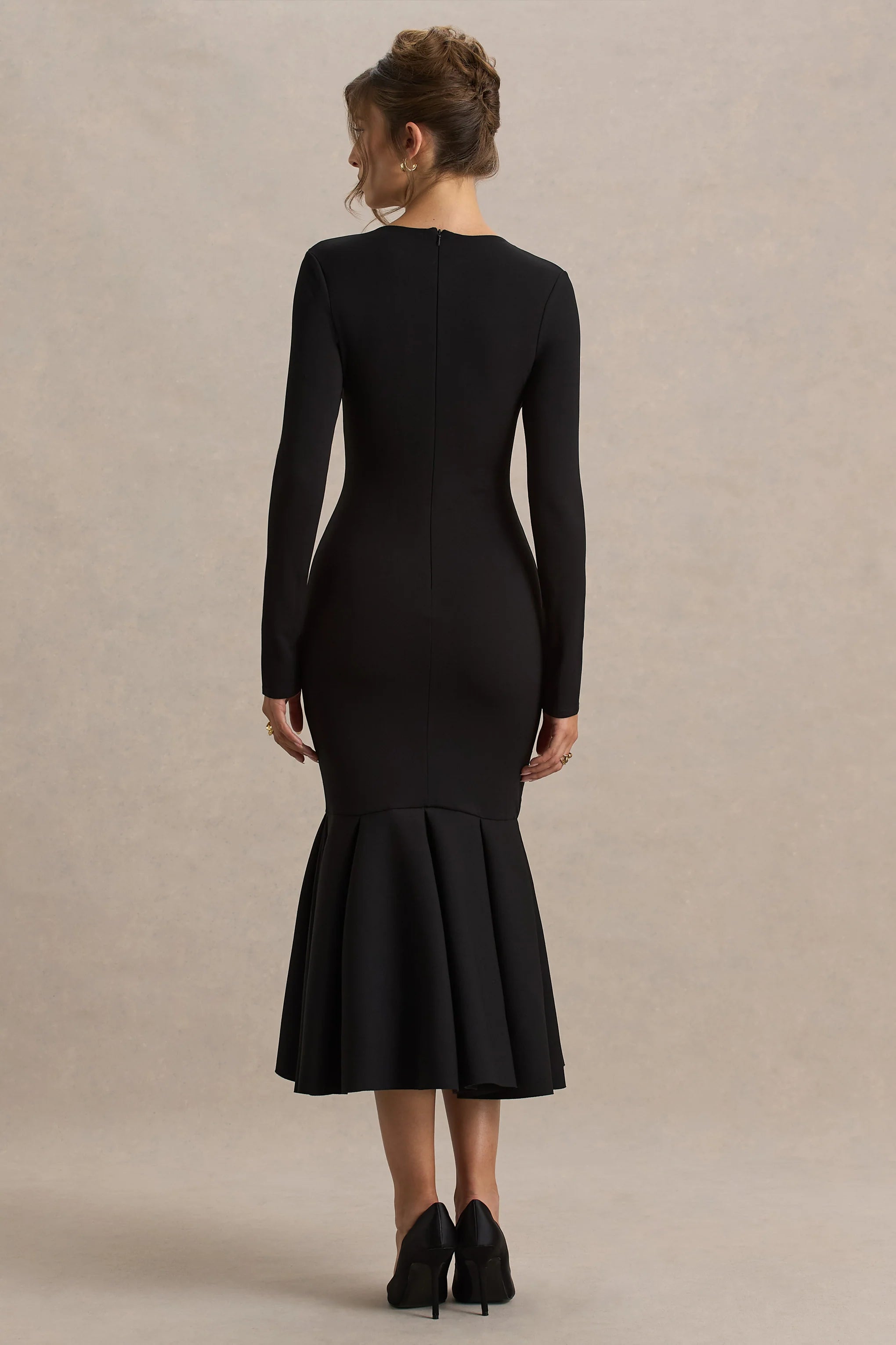 Liberty | Black High Neck Mermaid Midi Dress With Ruffling Detail