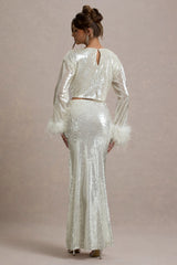 Solita | Sand Sequin Long-Sleeve Crop Top With Feather Trim
