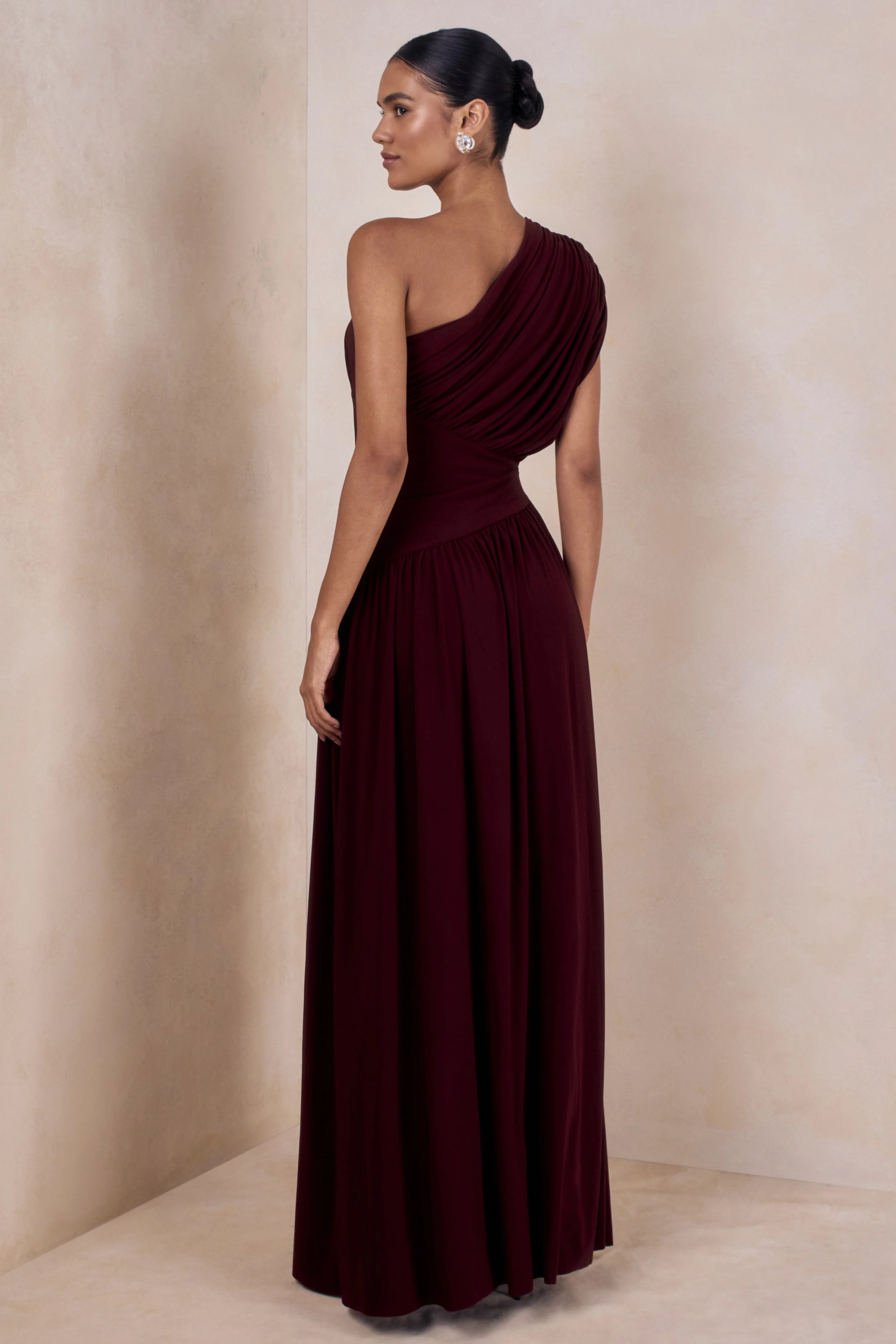 Kelsey | Burgundy Asymmetric-Neck Maxi Dress With Ruched Detailing
