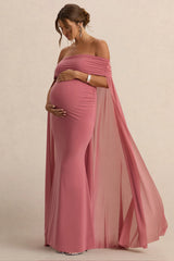 Carlotta | Blush Pink Bardot Maternity Maxi Dress With Chiffon Cape