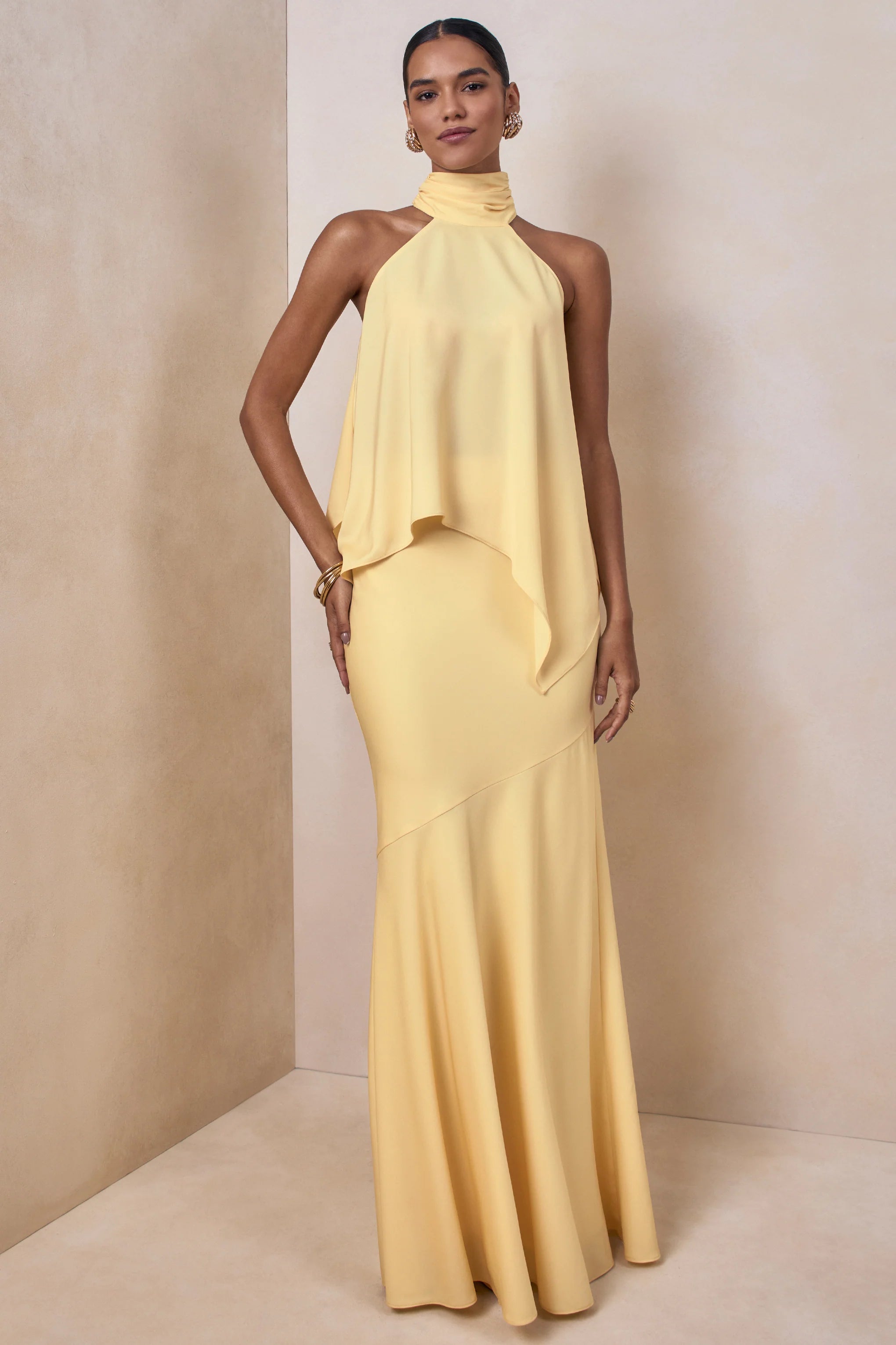 Vayla | Lemon Matte Satin Asymmetric Drop-Waist Maxi Skirt