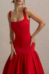 Parida | Red Poplin Drop-Waist Midi Dress With Peplum Hem