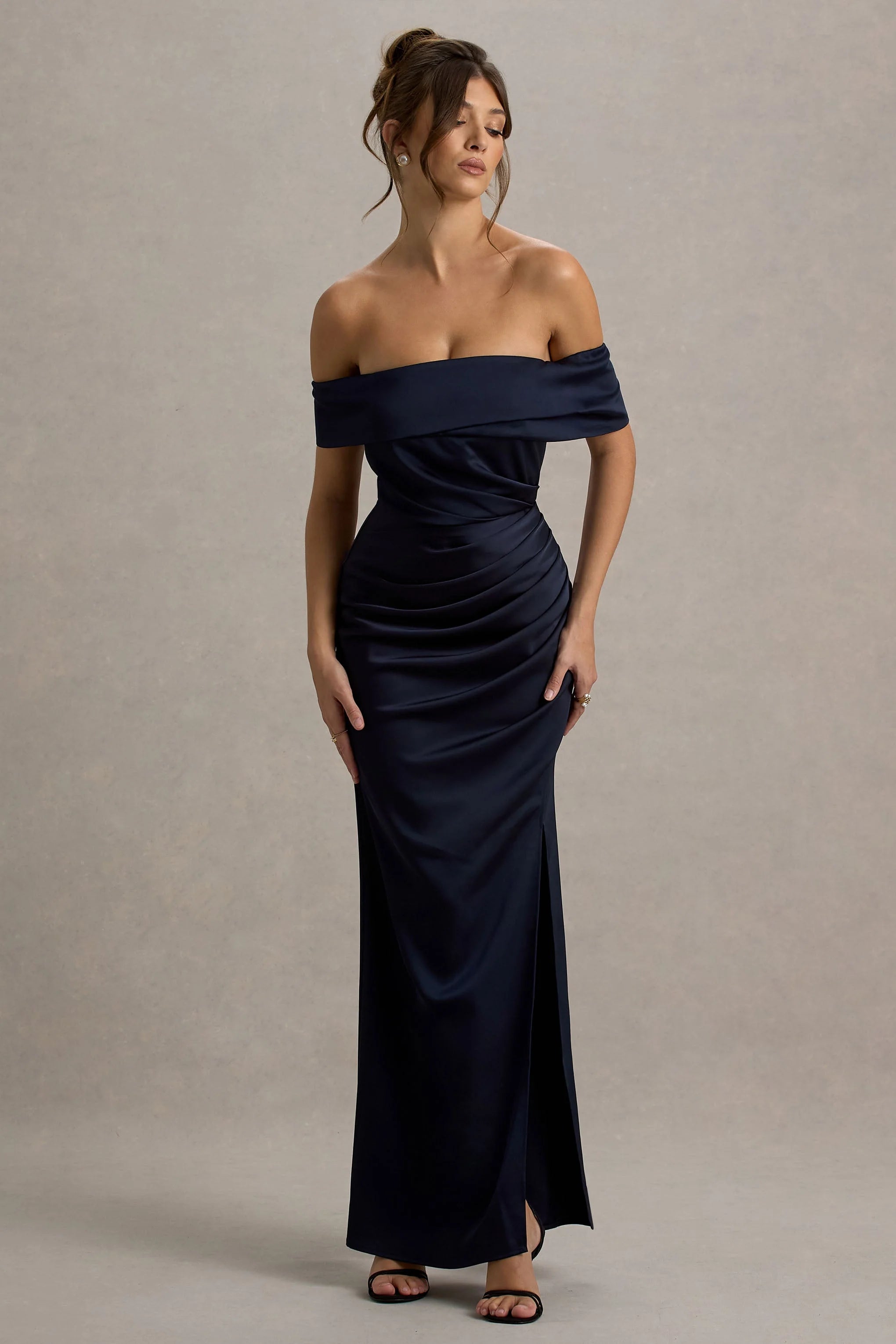 Martine | Navy Satin Bardot Wrap Maxi Dress