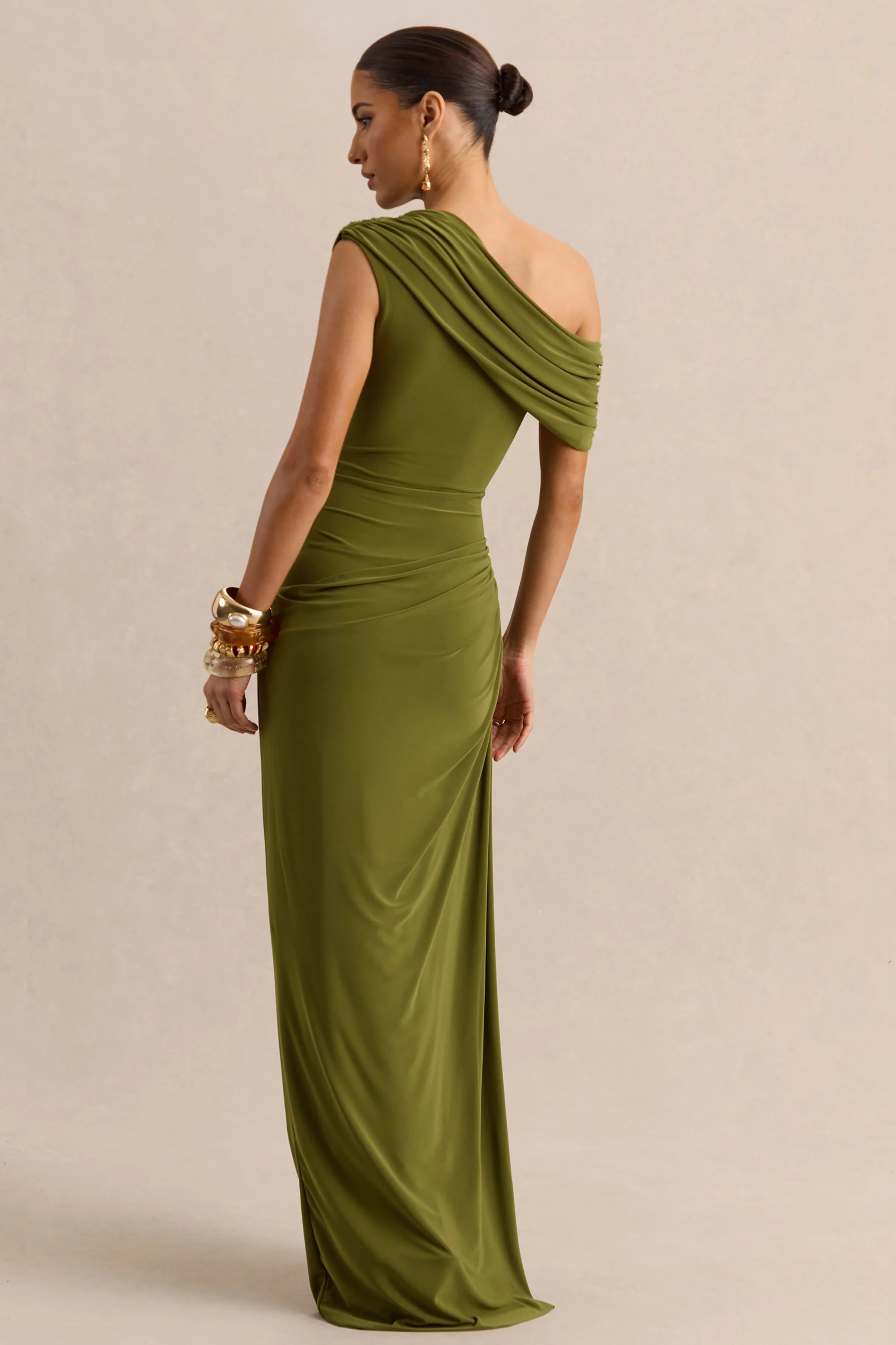 Avialee | Green Asymmetric-Neck Maxi Dress With Gathered-Detailing And Sash
