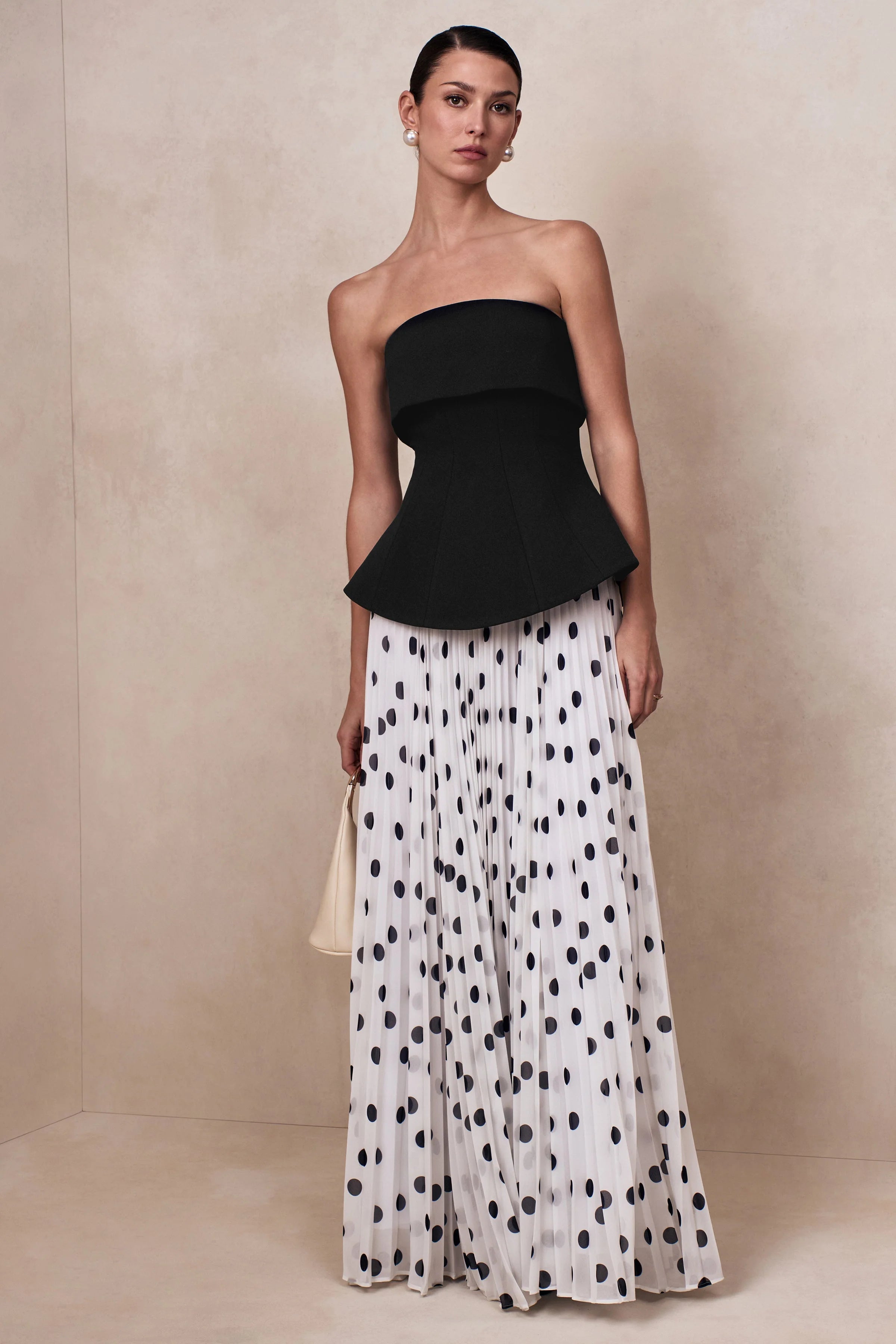 Stellara | Black & White Polka Dot Bandeau Corset Maxi Dress With Sheer Skirt
