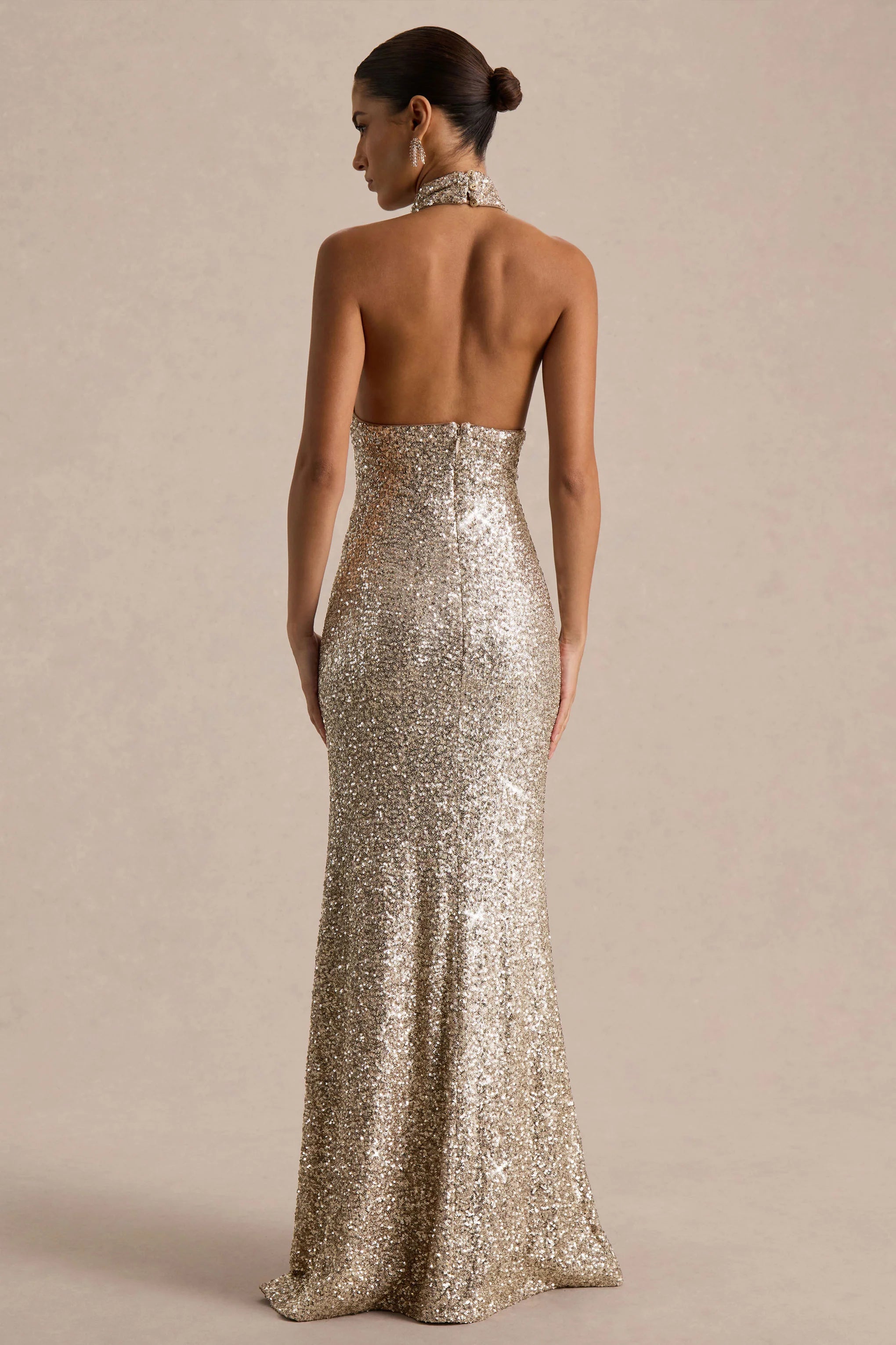 Tulia | Gold Sequin High-Neck Maxi Dress