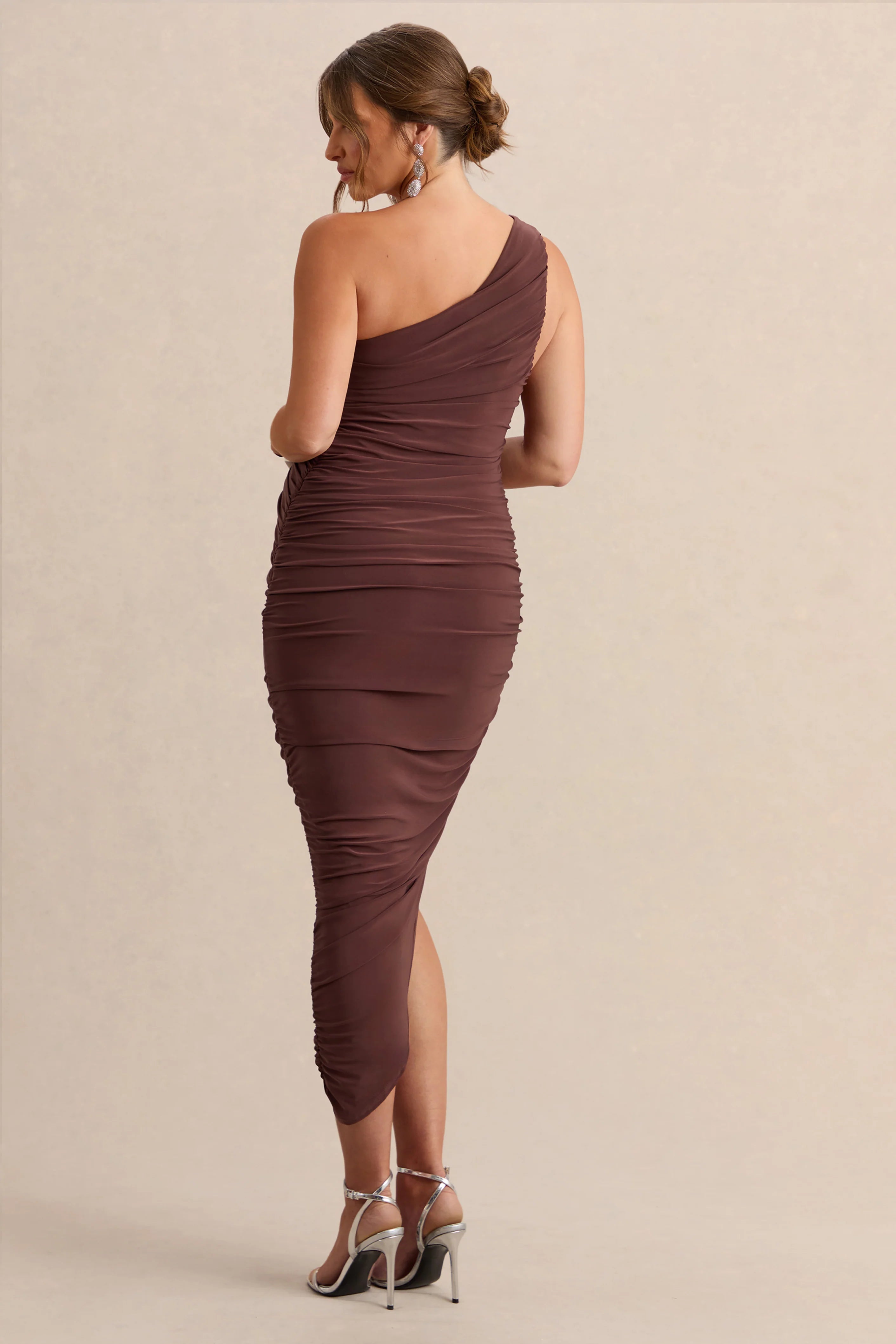 Late Night | Brown Maternity Ruched One Shoulder Midi Dress