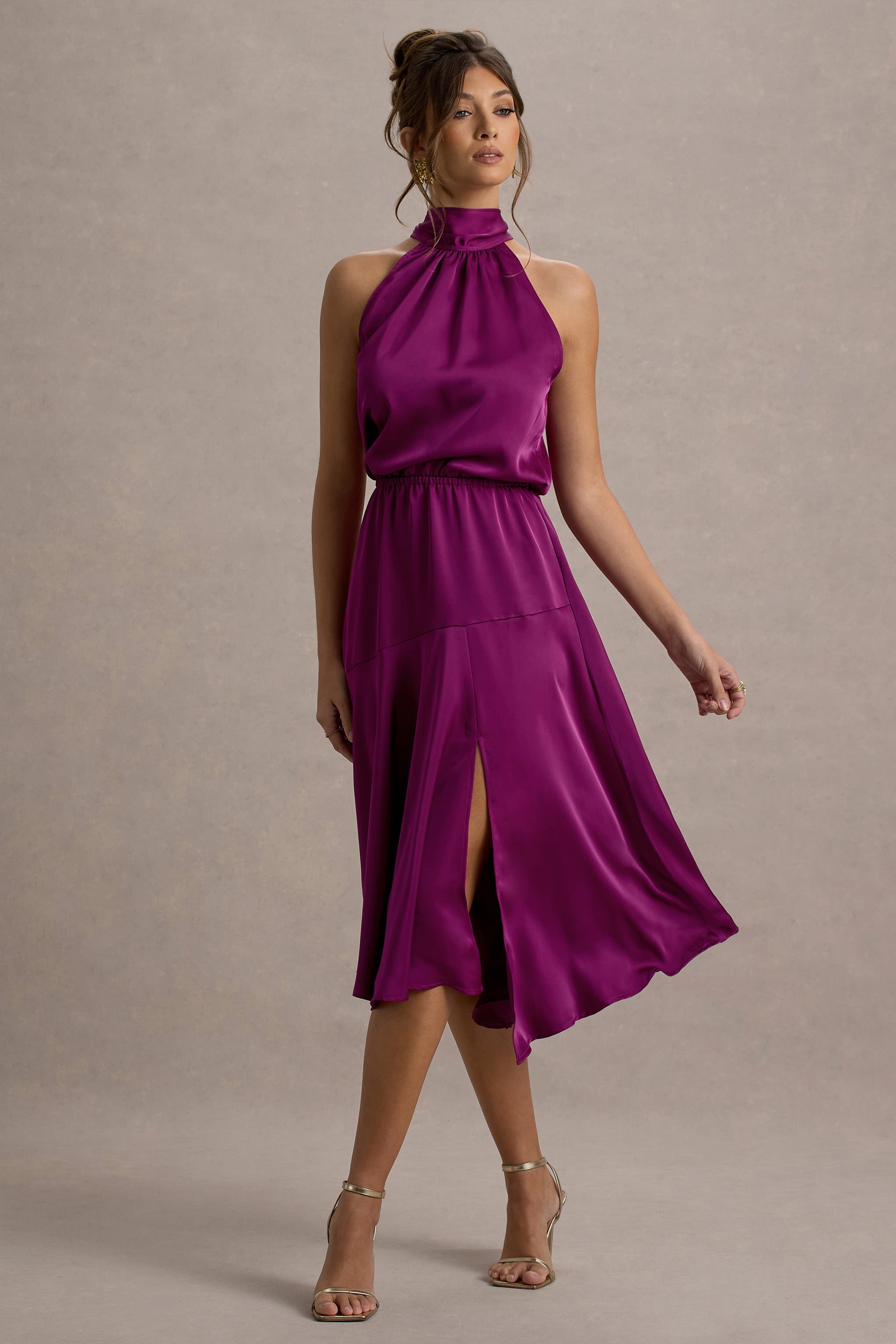 Palonia | Dark Pink Satin High-Neck Split Midi Dress