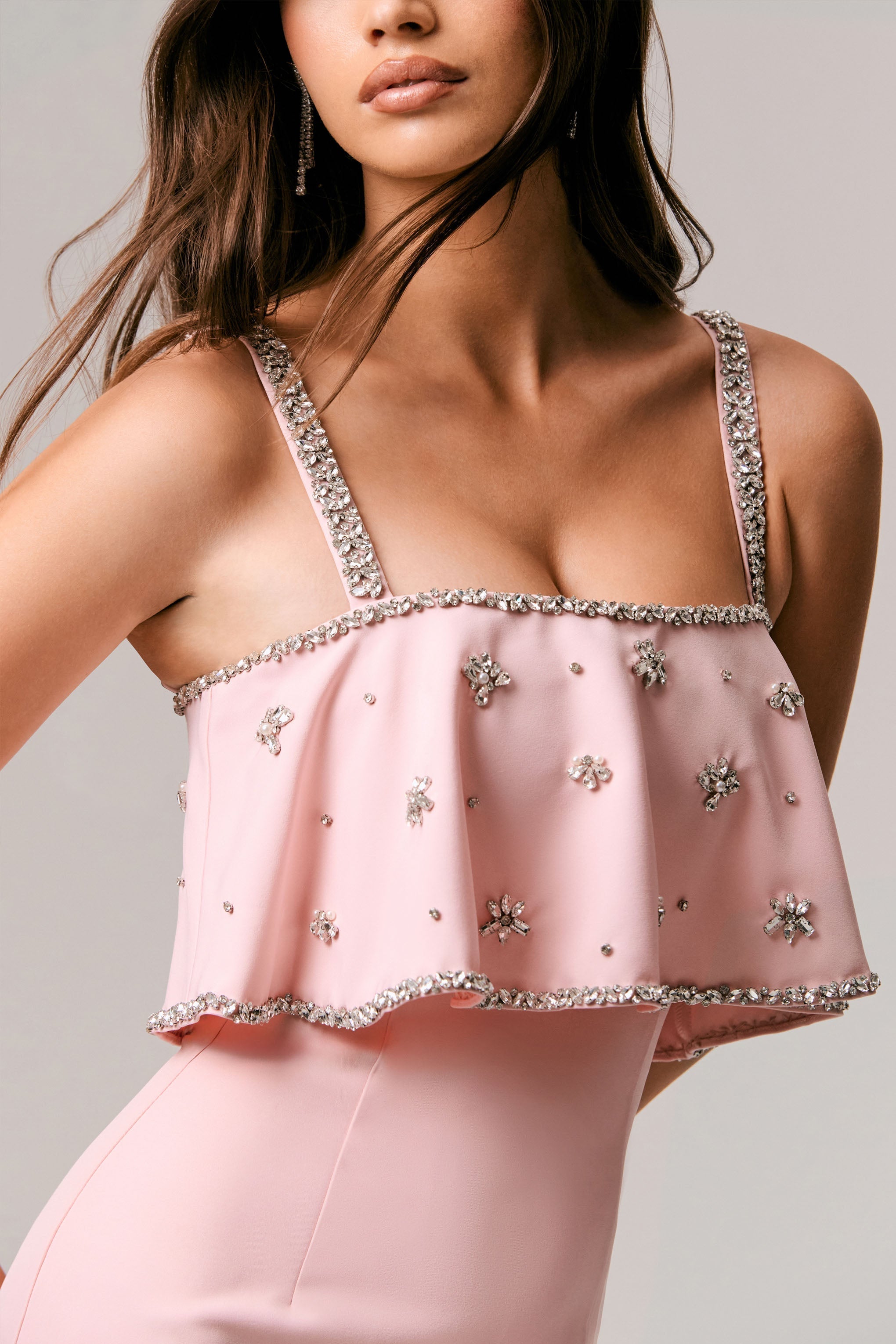 Scarlet | Pale Pink Square-Neck Embellished Maxi Dress