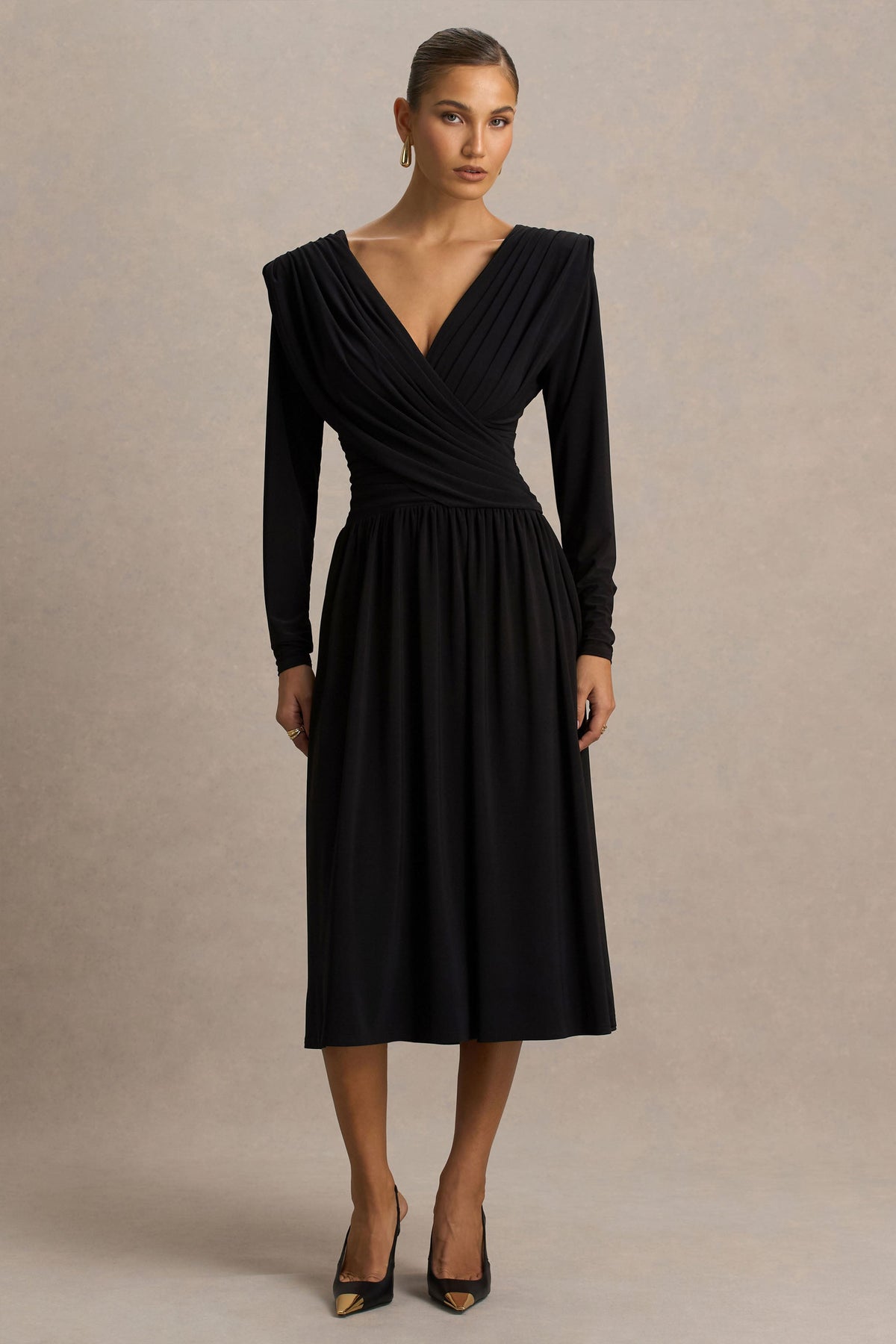 Alexis | Black Plunge-Neck Midi Dress With Draped And Ruched Detailing